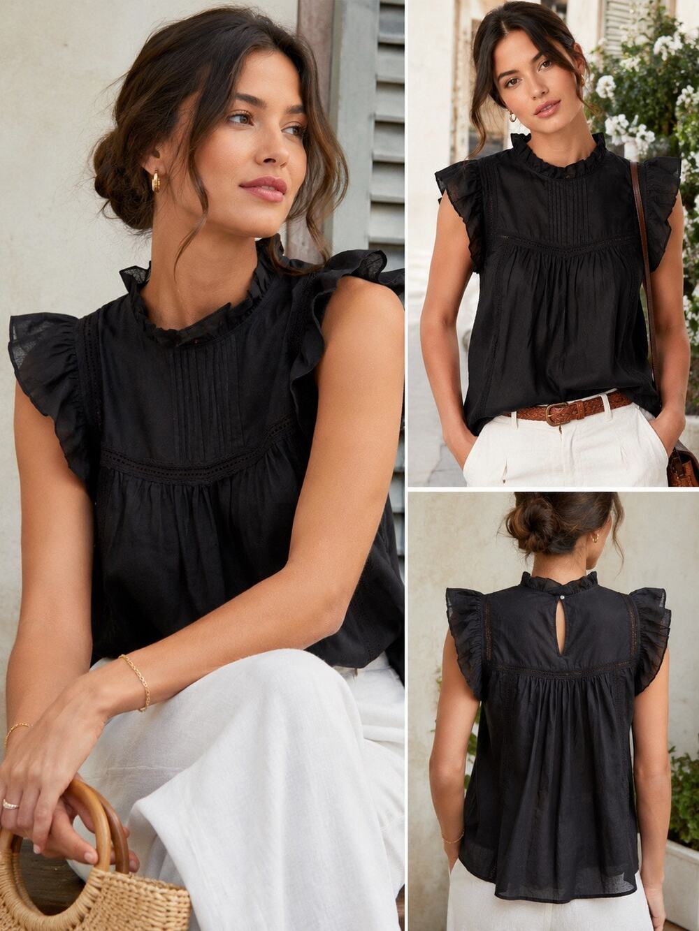 J.Crew Cotton Silk Ruffle Blouse Top Black Pintuck Flutter Sleeve Lace Romantic